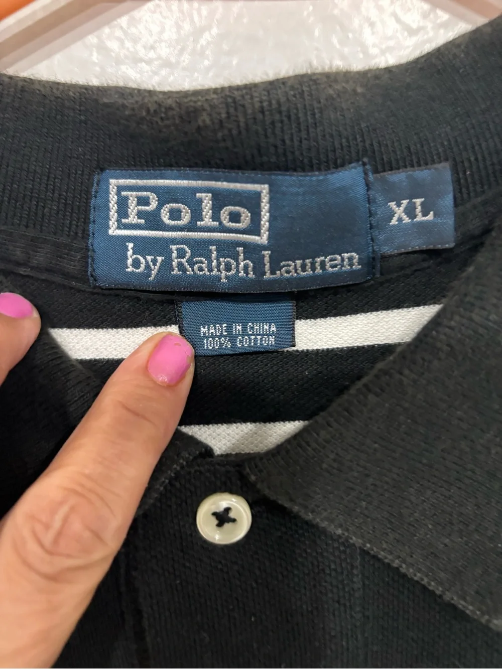 Polo by Ralph Lauren Black & White Striped Cotton Polo Shirt Xl
